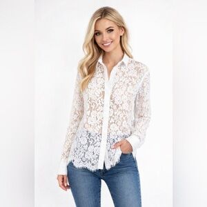 ATM Anthony Thomas Melillo White Long Sleeve Lace Button Up Blouse